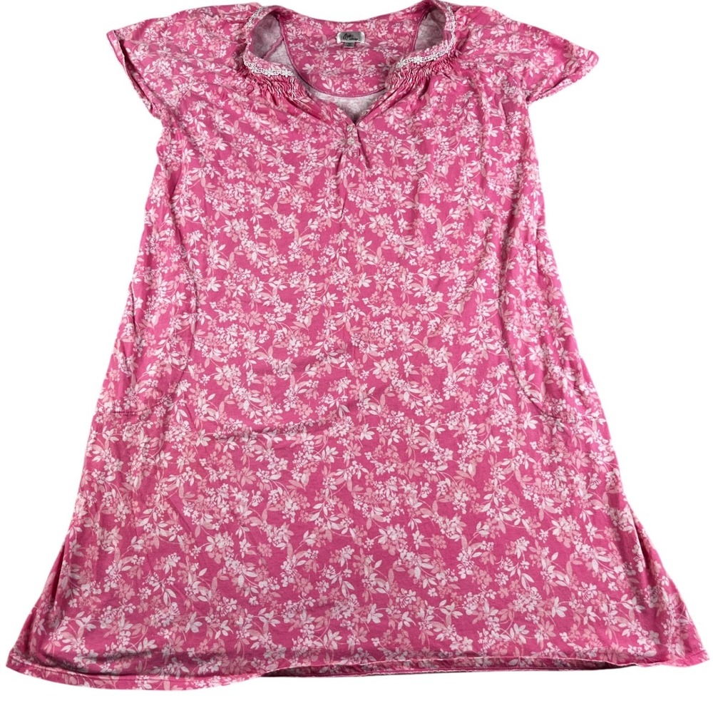 Aria Collection Womens Nightgown Medium Pink Pockets Lace Trim Floral Cotton